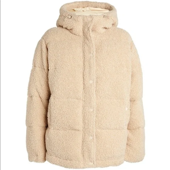 Good American Womens Essentials Sherpa Cocoon Hooded Puffer Coat Size 4 Cream XL